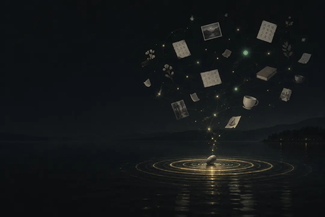 夜裡的湖面,一顆石頭落下,金色漣漪往上長成由手稿與記憶碎片連成的網絡